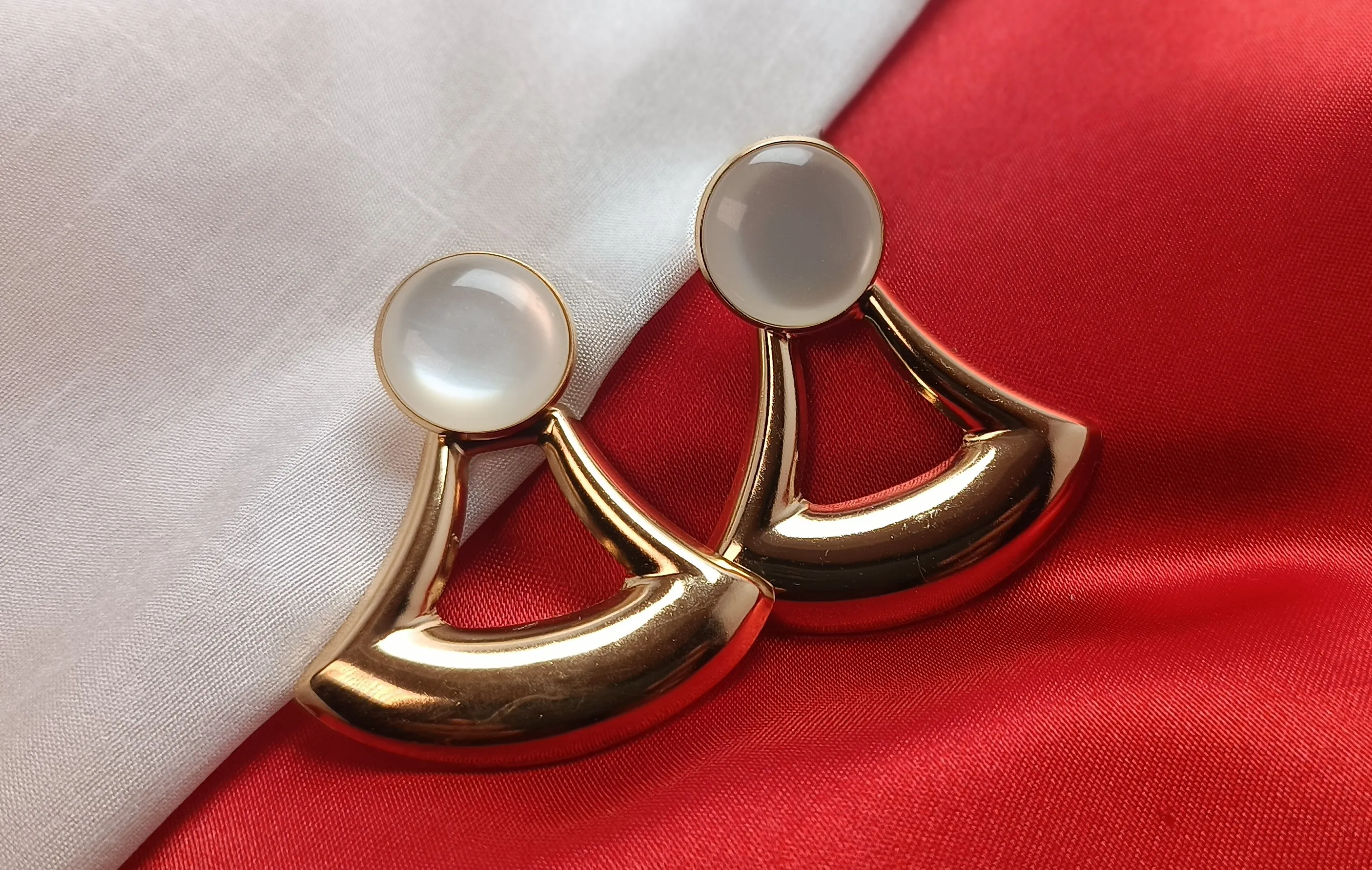 Gold Plated Architectural Petal Earrings – Minimalist Chalcedony Drop Studs